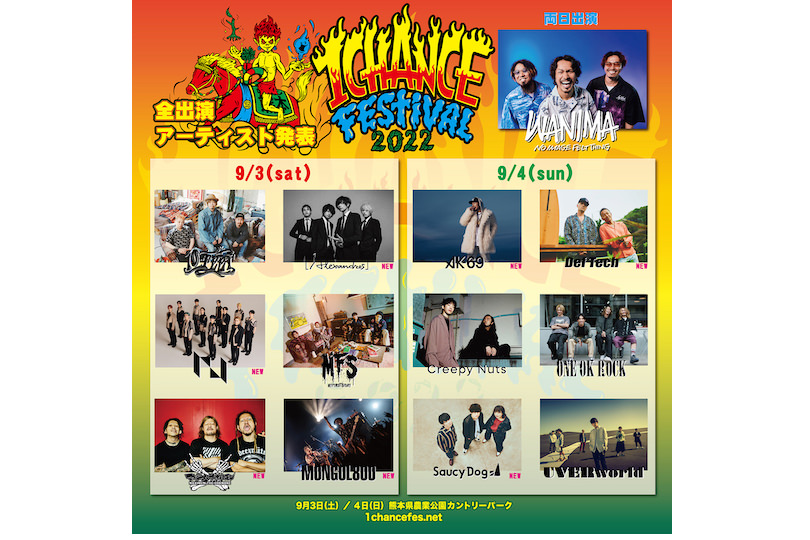 【NEWS】WANIMA主催「1CHANCE FESTIVAL」第二弾発表で豪華全13組出揃う